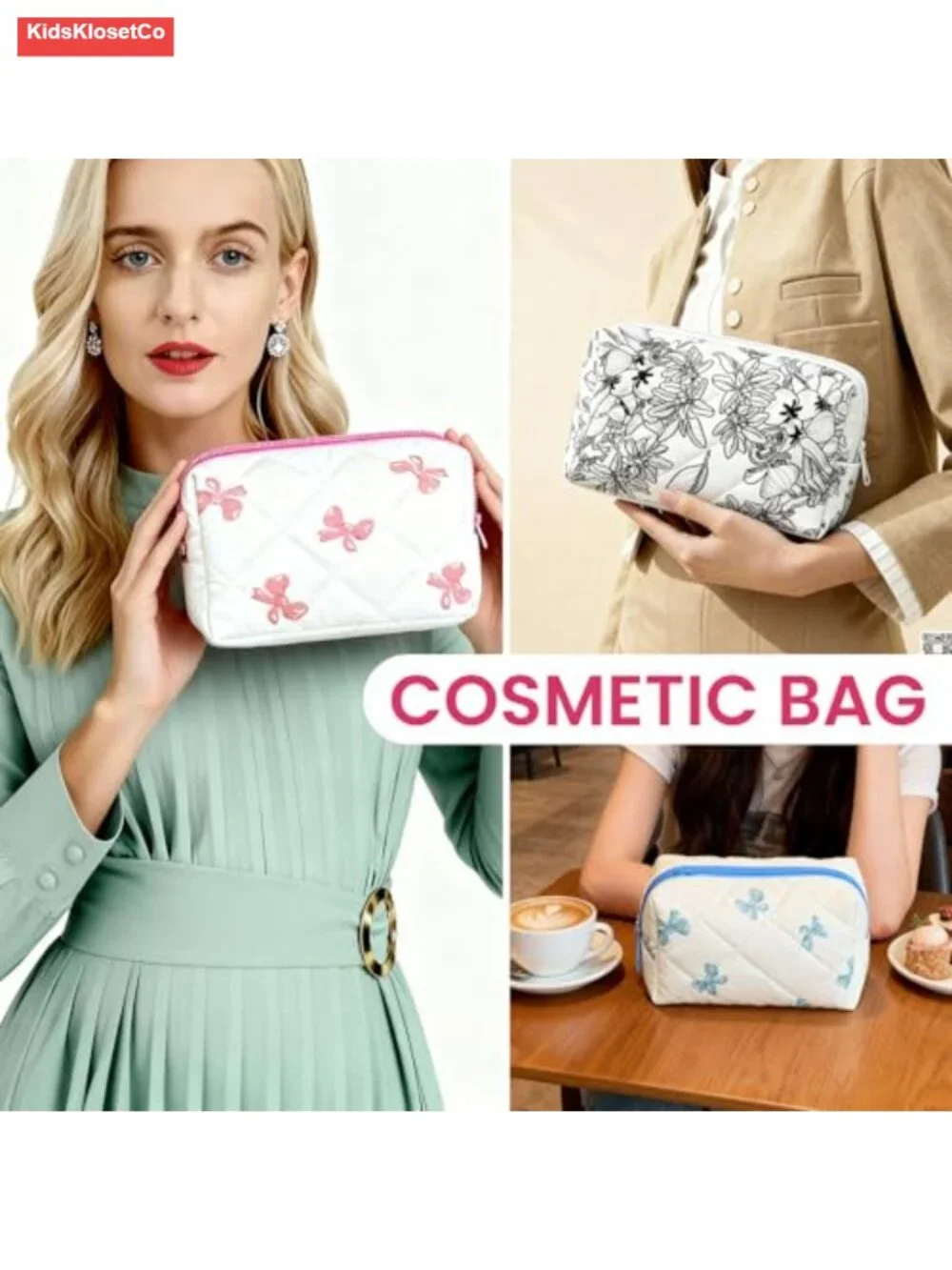 Quilted Cotton Travel Makeup Bag with Floral Design, Zipper Cosmetic Pouch,